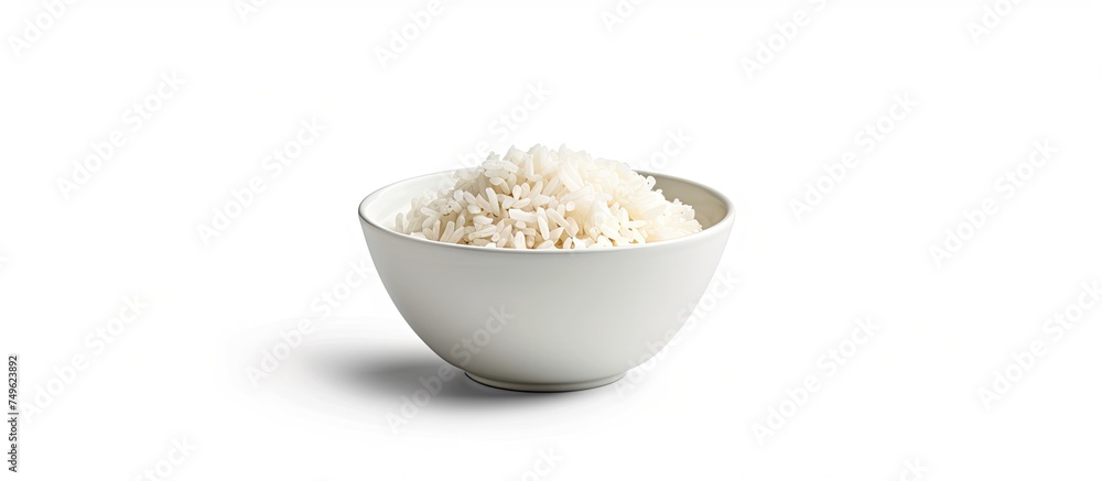 A white bowl filled with rice sitting on a plain white background. The bowl is filled to the brim with fluffy white rice grains, creating a simple yet striking visual. A white bowl filled with rice sitting on a plain white background. The bowl is filled to the brim with fluffy white rice grains, creating a simple yet striking visual.