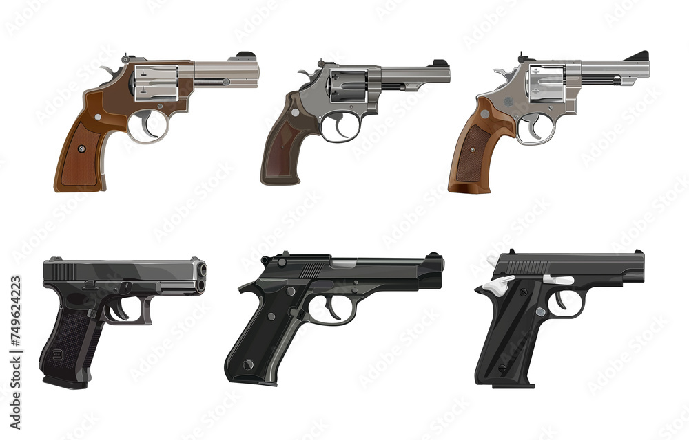 Set of guns and pistols. 3d rendered image. Transparent background