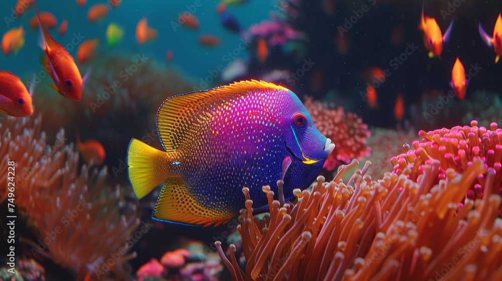 Obraz premium Elegant angelfish among vibrant corals in a captivating saltwater aquarium setting