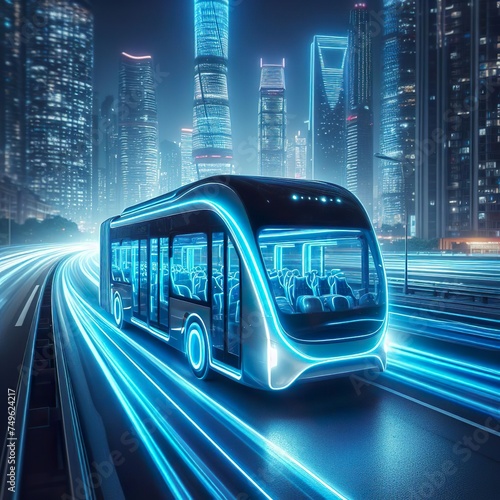 A futuristic electric bus with beautiful blue neon lights driving on a highway at night