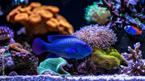 Colorful chromis fish swimming amid vibrant corals in a saltwater aquarium environment © Ilja