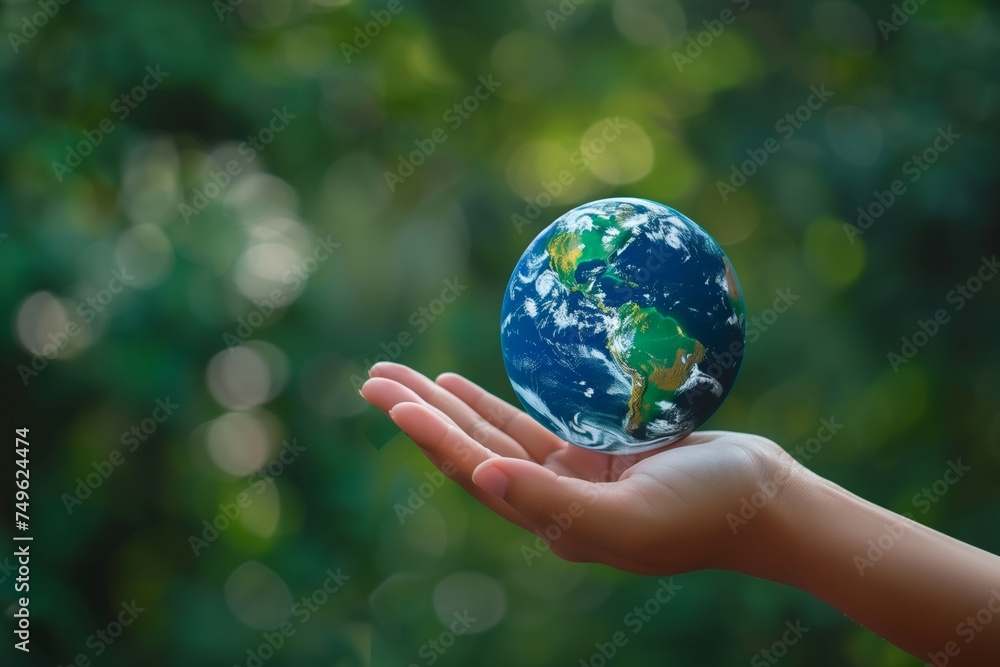 Hand holding planet earth on the palm of hand. Earth Day concept, nature green background Hand holding planet earth on the palm of hand. Earth Day concept, nature green background