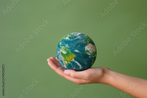 Hand holding planet earth on the palm of a hand. Earth Day concept, studio green background
