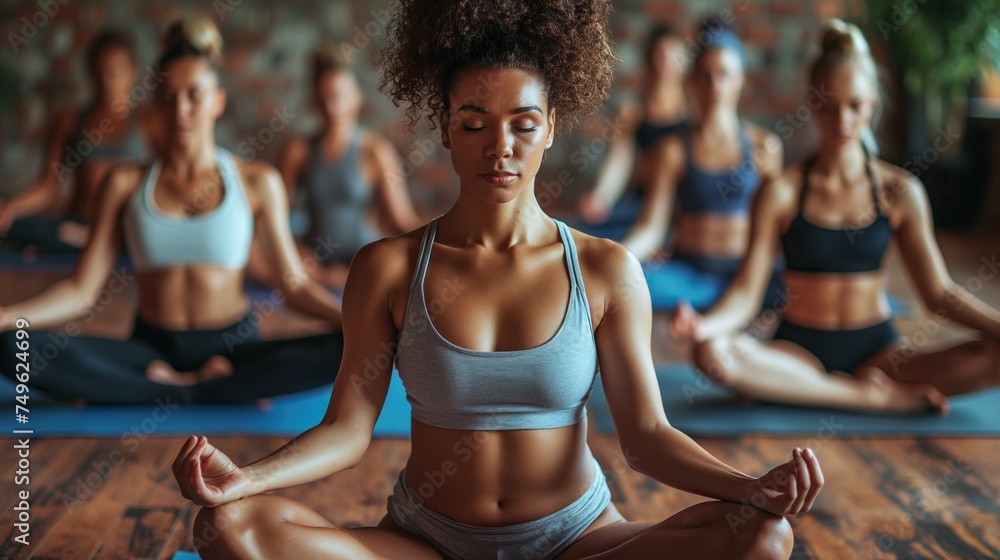 Group meditation at seated cross-legged meditation practice during workout yoga session at sports club, breath exercise, closed eyes. Woman meditating at yoga class. - obrazy, fototapety, plakaty 