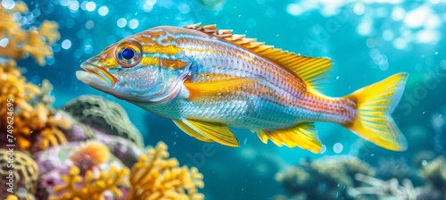 Vibrant royal gramma fish swimming among colorful corals in a saltwater aquarium environment