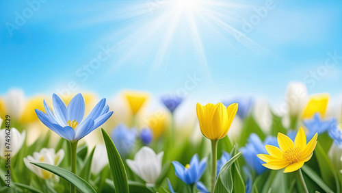 Beautiful spring flowers on blurred sky background. Wild flowers. Soft light color. Greeting card. Mockup for positive idea. Empty place for inspirational, emotional, sentimental text or quote.