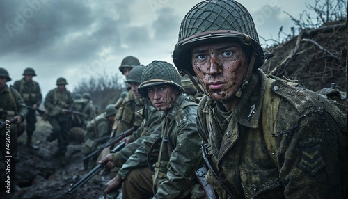 Photo of World War II marines, WWII, soldiers, war scene, soldiers fighting in war, a group of soldiers during second world war, camaraderie, soldier in combat
