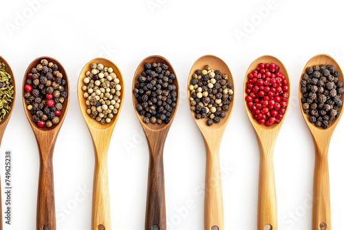 spices in wooden spoons on white table