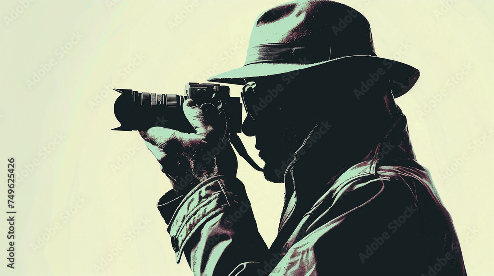 Undercover Private Investigator or Paparazzi Photographer CIA Agent or Detective Holding Camera Doing Surveillance and Taking Photos on Plain Background - obrazy, fototapety, plakaty 