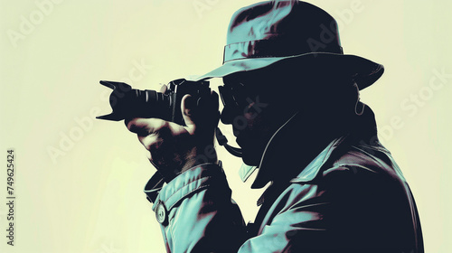 Undercover Private Investigator or Paparazzi Photographer CIA Agent or Detective Holding Camera Doing Surveillance and Taking Photos on Plain Background