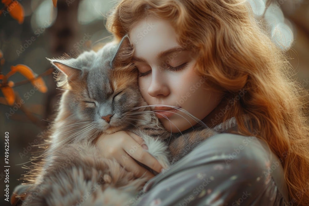 pretty female giving a hug to a cat, pet love and care