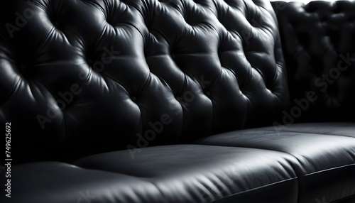 Black leather sofa isolated in a black wall room with wooden floor and two twins lamps at the sides
