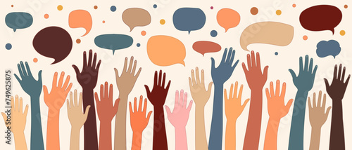 Anonymous raised of multicultural group people. Racial equality. Speech bubble. Crowd people. Man and women of diverse races. Communication. Male female. Diversity inclusion