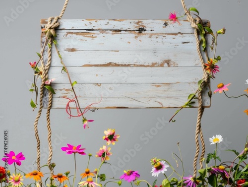 A handmade wooden sign hung by vine ropes and surrounded by colorful flowers