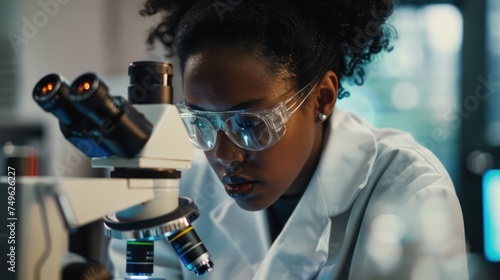 An African American woman scientist examining samples through a microscope in a laboratory. photo