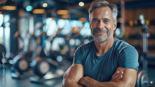 A cheerful middle-aged athlete, exercising in the gym, smiling at the camera.