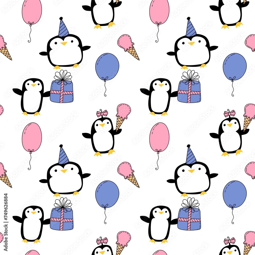 Birthday party animals seamless penguin pattern for wrapping paper and fabrics and kids print and summer print Birthday party animals seamless penguin pattern for wrapping paper and fabrics and kids print and summer print