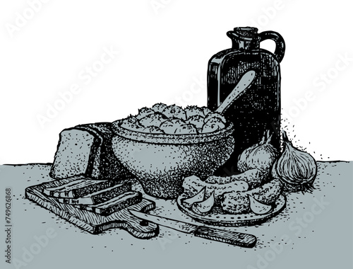 Vector still life. Traditional Slavic food: potatoes in a clay pot
