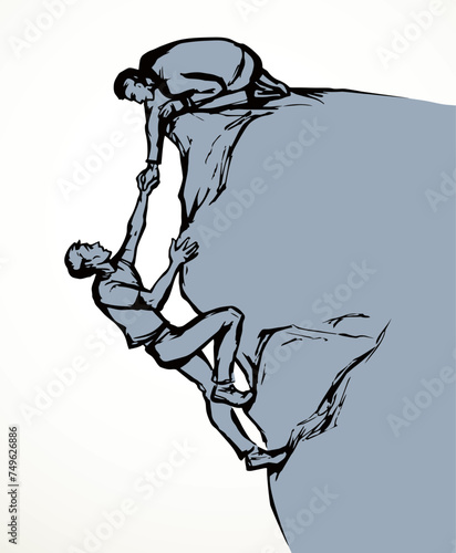 A man pulls a friend out of the abyss. Vector drawing