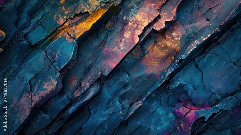 Abstract textured background with blue and gold paint cracks.