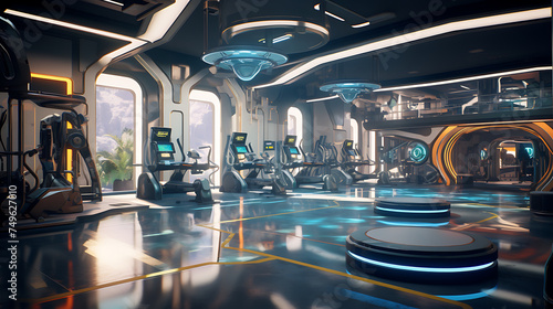 A gym interior for a sci-fi space colony fitness center, with space colony-inspired workouts and sci-fi decor. photo