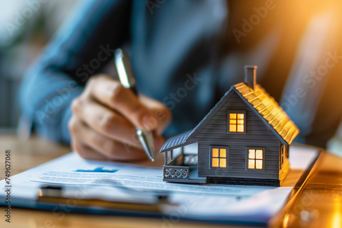 Real estate agent signing documents with house model on top