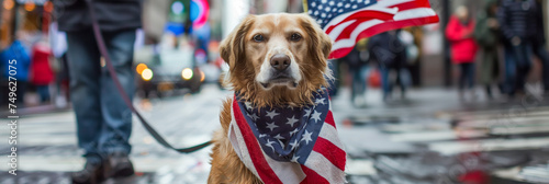 A dog proudly wears an American flag bandana while walking on the street in a big city during the US presidential election