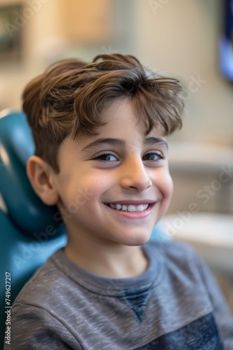 Young Boy Smiling in Blue Dentist Chair