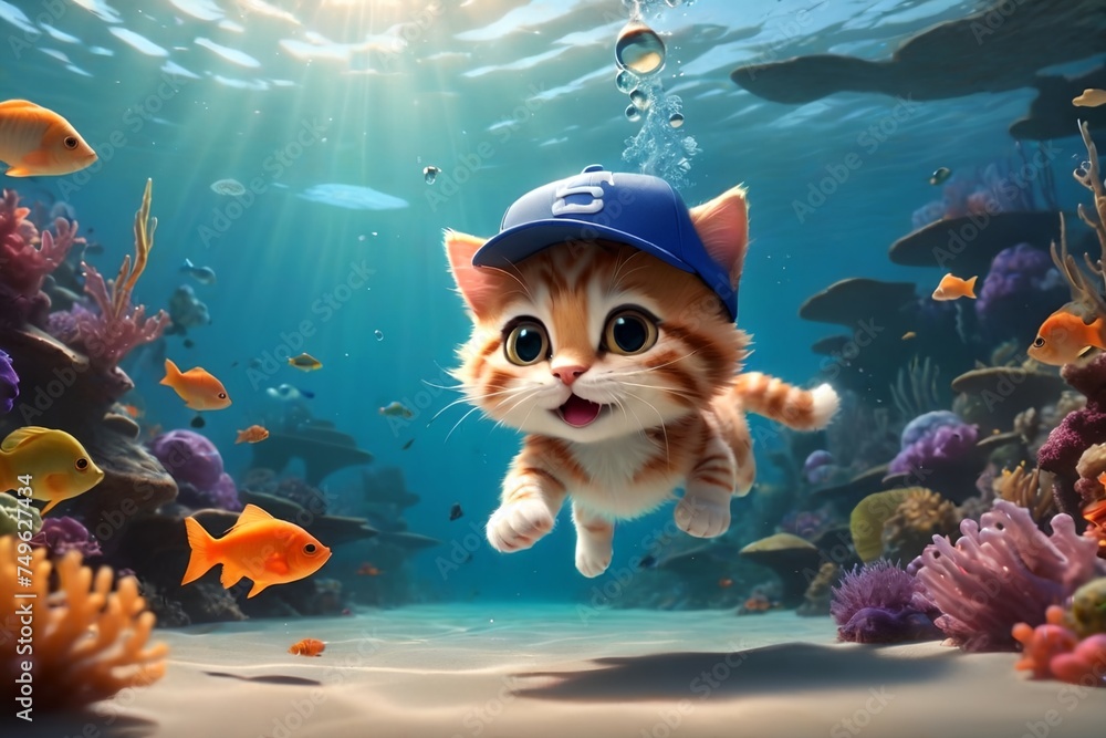 Cute little Ragdoll kitten swims in the sea underwater on the shore.