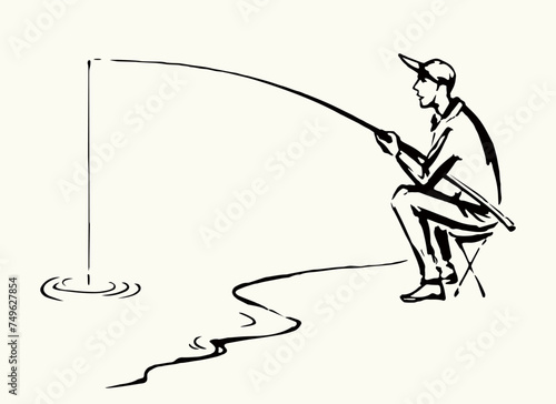 Vector drawing. Fisher at the river