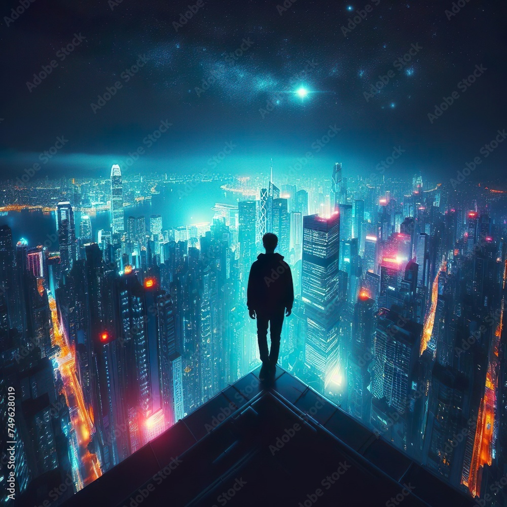 A silhouette standing on the edge of a skyscraper looking out over a bright neon city at night. A silhouette standing on the edge of a skyscraper looking out over a bright neon city at night.