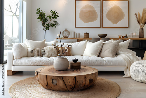 Round wood coffee table against white sofa. Scandinavian home interior design of modern living room. 