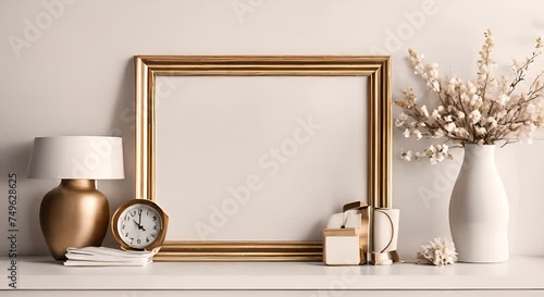 Blank wooden a4 frame mockup interior background, 3d rendering. Blank vertical painting plaque mock up. photo