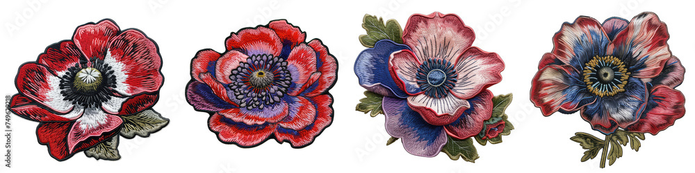 Anemone flower embroidered patch badge Hyperrealistic Highly Detailed Isolated On Transparent Background Png File - obrazy, fototapety, plakaty 