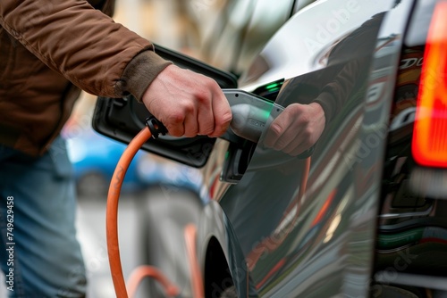 Man Ensuring Electric Vehicle is Charged