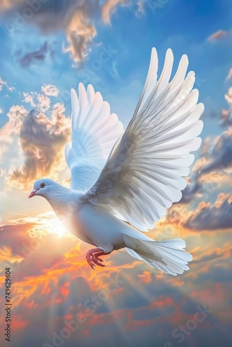 White Dove Flying Through Cloudy Sky