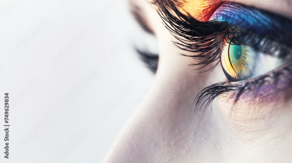 Olho de uma mulher sobre uma luz colorida de arco -  Iris  - obrazy, fototapety, plakaty 