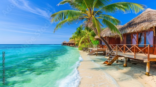 Wooden walkway over turquoise ocean to overwater bungalows at tropical resort, scenic destination