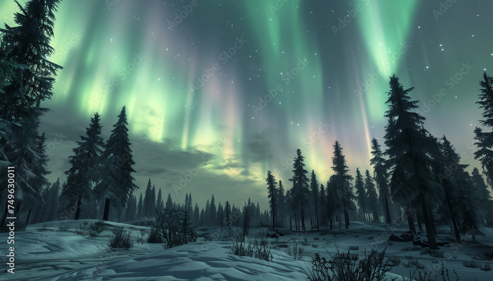 The northern lights cast a magical glow over a snowy forest under a starry sky