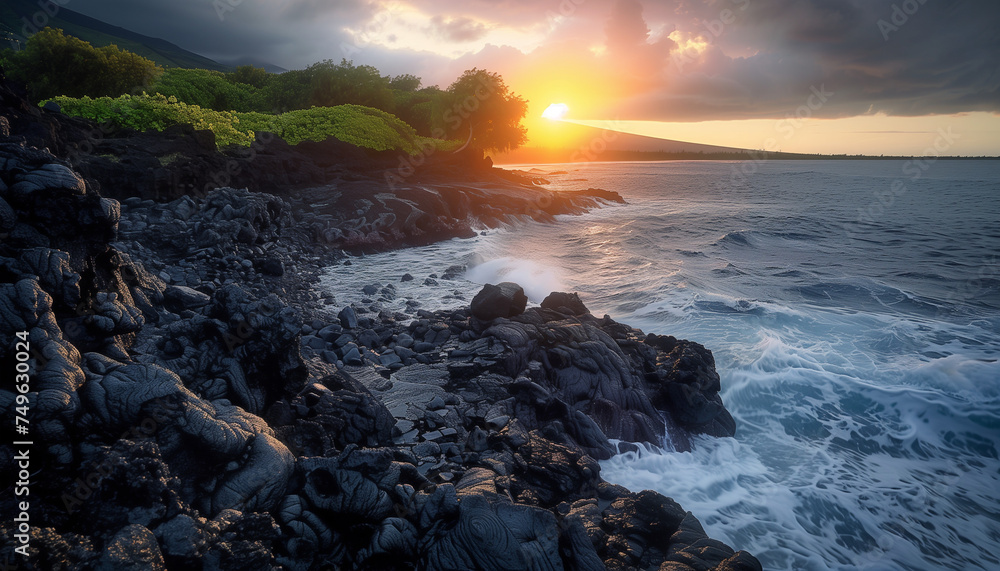 The sun sets over a rugged coastline with waves crashing against lava rock formations The sun sets over a rugged coastline with waves crashing against lava rock formations