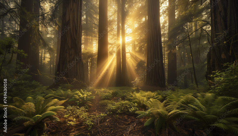 Sunlight filters through the mist in a forest of towering redwoods, illuminating the lush ferns on the forest floor