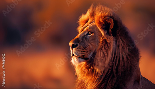 A majestic lion gazes into the distance with a fiery sunset backlighting its impressive mane