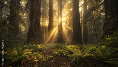 Sunlight filters through the mist in a forest of towering redwoods  illuminating the lush ferns on the forest floor