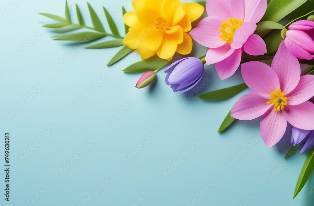 Banner with spring flowers on a light background. Greeting card template for wedding, mother's day or women's day. Spring composition with copy space.