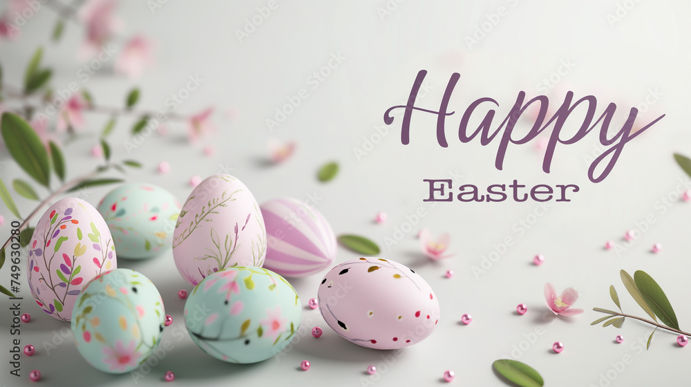 Happy Easter card, banner, border with painted Easter eggs, spring flowers and Happy Easter greeting inscription in pastel colors and on a light background.