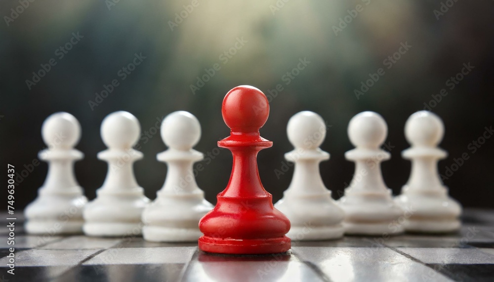 A red chess pawn stands out in the middle of a row of white pawns. Leadership concept. A red chess pawn stands out in the middle of a row of white pawns. Leadership concept.