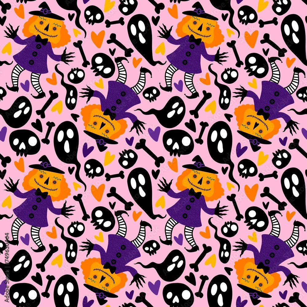 Halloween pumpkins seamless monsters and ghost pattern for wrapping paper and fabrics and linens and kids Halloween pumpkins seamless monsters and ghost pattern for wrapping paper and fabrics and linens and kids