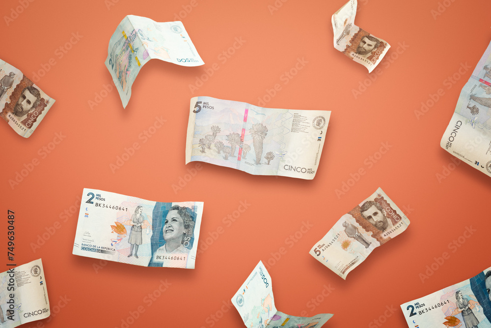 Illustration of 2000 and 5000 Colombian pesos falling and flying in different angles and orientations isolated on orange background. Investment and saving concept. - obrazy, fototapety, plakaty 
