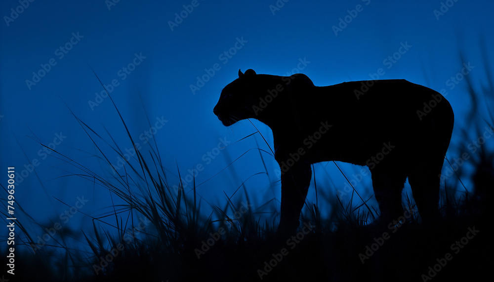 The silhouette of a lion stands out against the dark blue twilight sky, poised in the tall grass The silhouette of a lion stands out against the dark blue twilight sky, poised in the tall grass