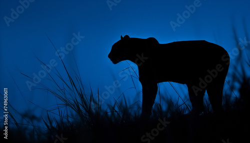 The silhouette of a lion stands out against the dark blue twilight sky, poised in the tall grass